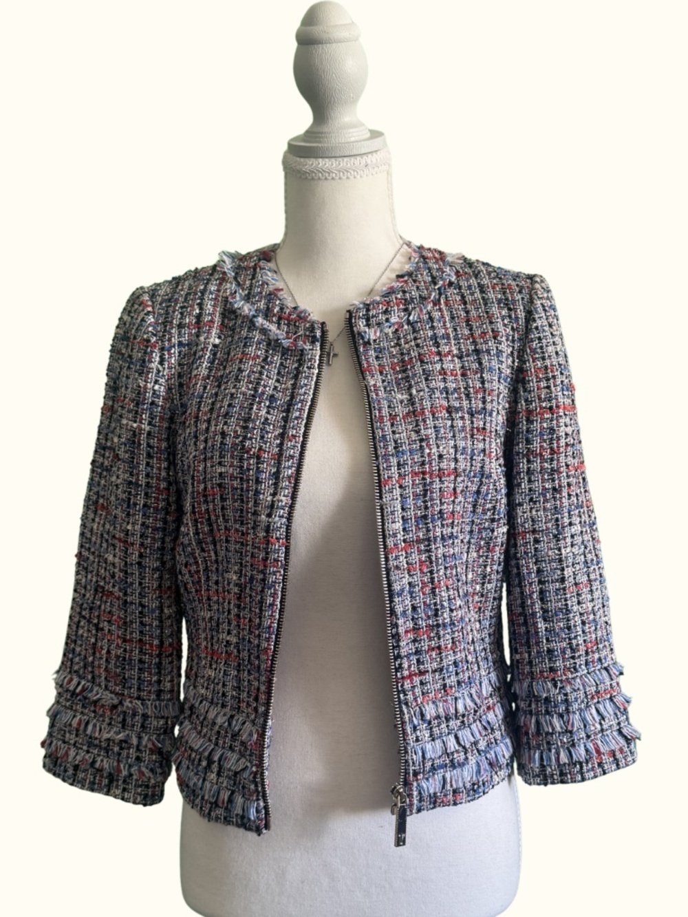 Ted Baker London Tweed Jacket Blazer Size 0 Cropped Fringe Zip Front NWOT